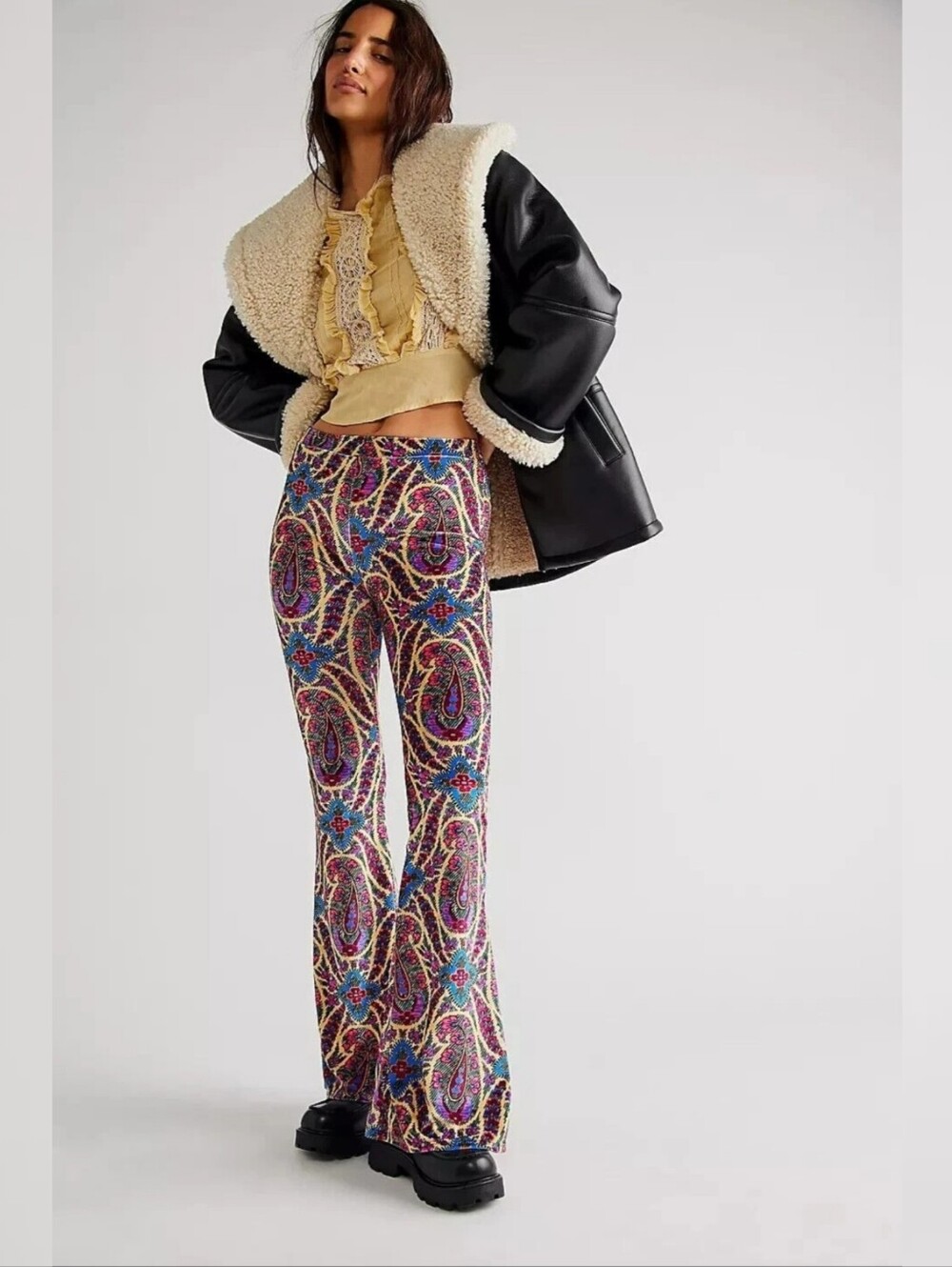 Flare Street X Free People Theodora Flares Blue Paisley Velvet Women's Large